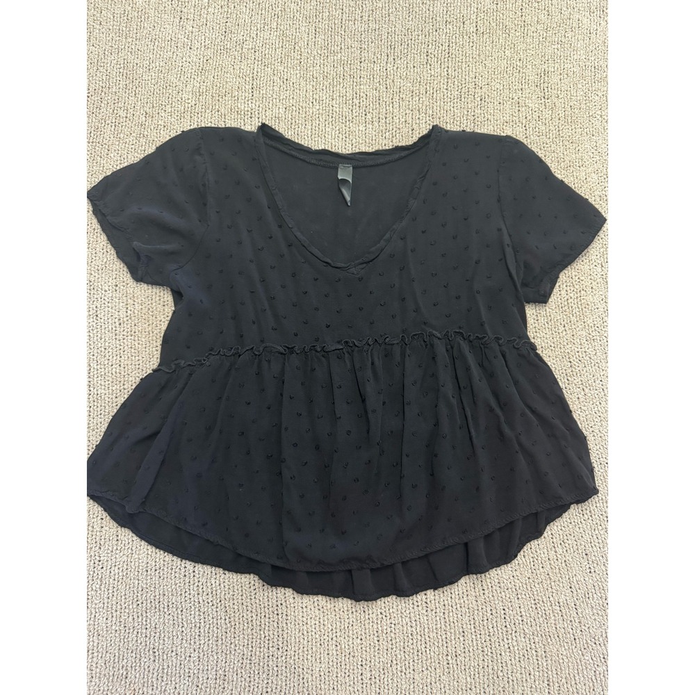 Alaya Womens Black Swiss Dot Peplum Top V-Neck Short Sleeve Blouse Small